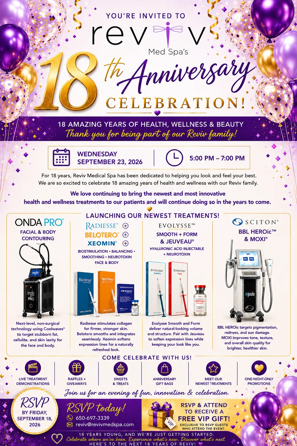 You're invited — Reviv Med Spa's 18th Anniversary Celebration, Wednesday September 23, 2026, 5 to 7 PM. RSVP by Friday, September 18.